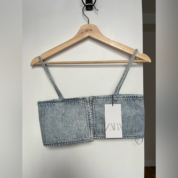 Zara NWT Rhinestone Jewel Denim Crop Top XS - Picture 9 of 12